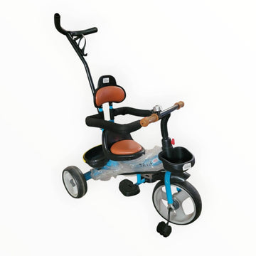 Children's tricycle with brown seat and blue frame on a white background